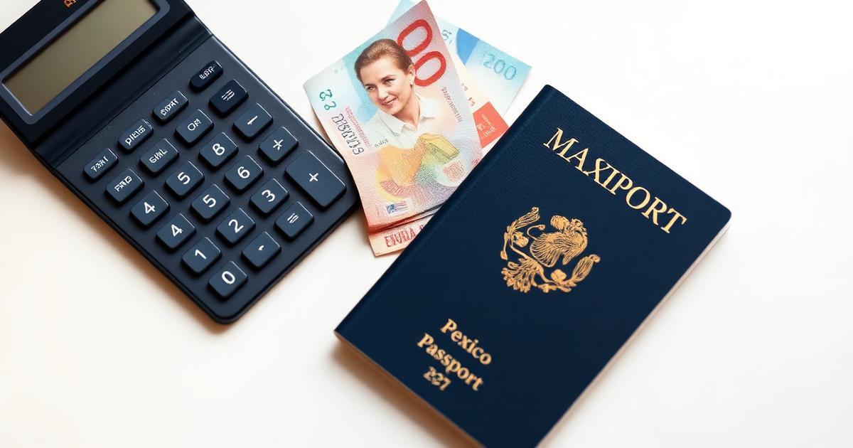Calculadora, billetes mexicanos y un pasaporte sobre un escritorio