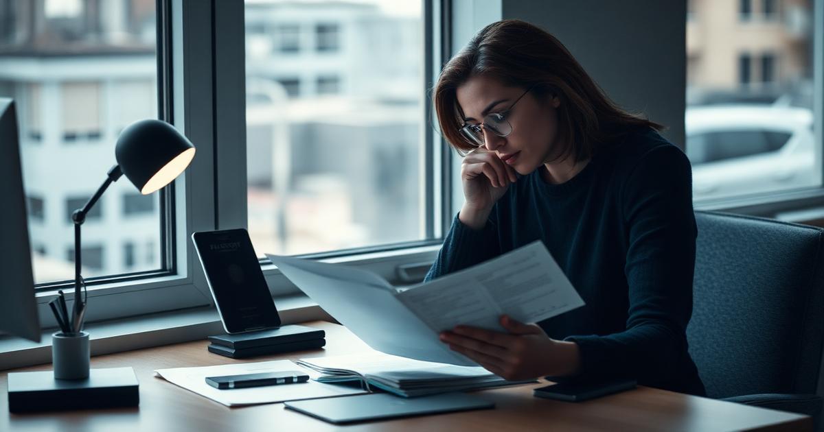 Persona revisando documentos de su trámite de visa junto a una ventana