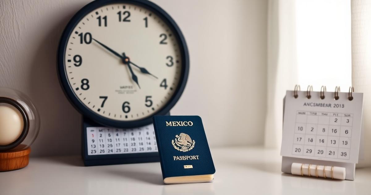 Reloj, calendario y pasaporte mexicano sobre un escritorio