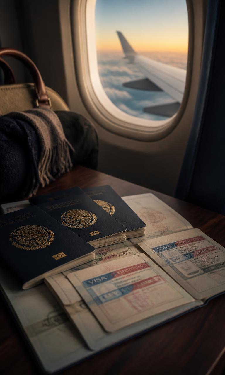 Pasaportes mexicanos con visa americana durante un vuelo